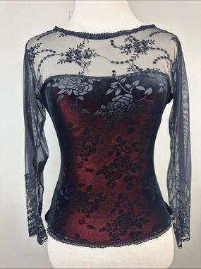 Whimsigoth Vampy Dark Romantic Floral Red Black Velvet Floral Sheer Mesh Top